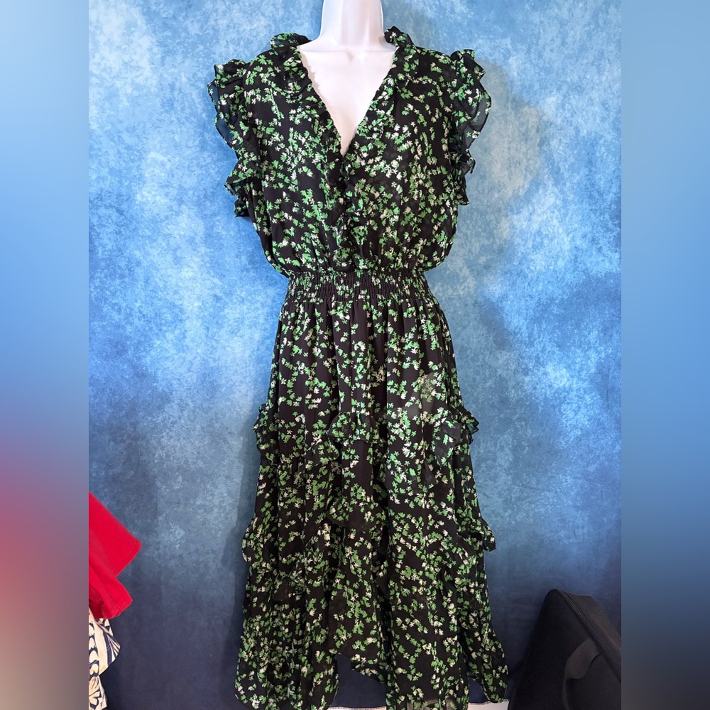 Misa Los Angeles Black Maxi Dress with Green Floral Ruffle Details